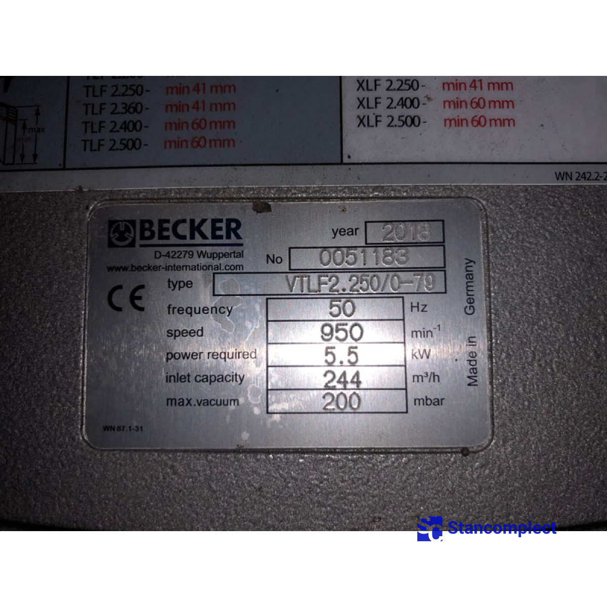 Vacuum pump Becker VTLF 2.250/0-79, 5.5 kW, 244 m3/hour