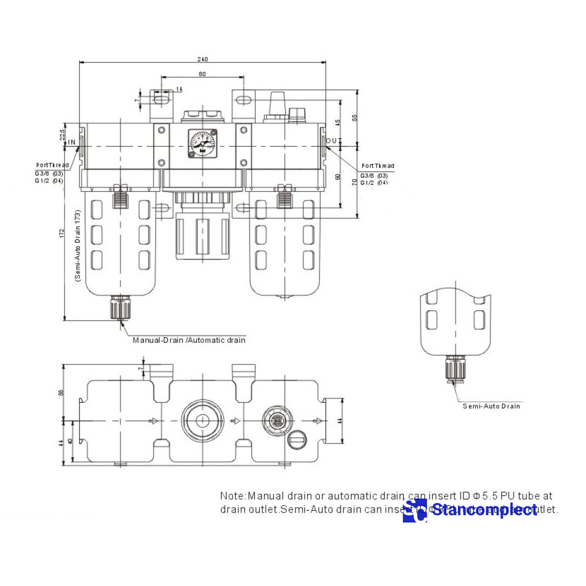 Air preparation unit (Filter + Regulator + Pneumatic lubricator) EASUN 1/2" AC-4000