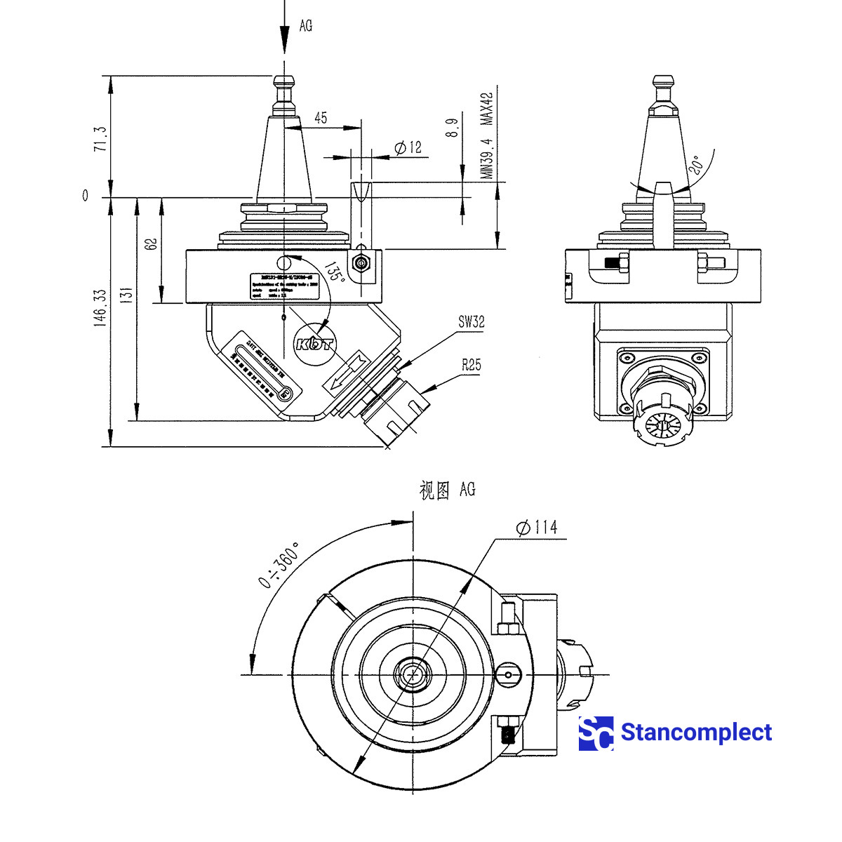 Aggregate rotary milling head KDT RAU131-ER25-ISO30-45 with tilking rotation 45° for CNC Drilling centers KDT