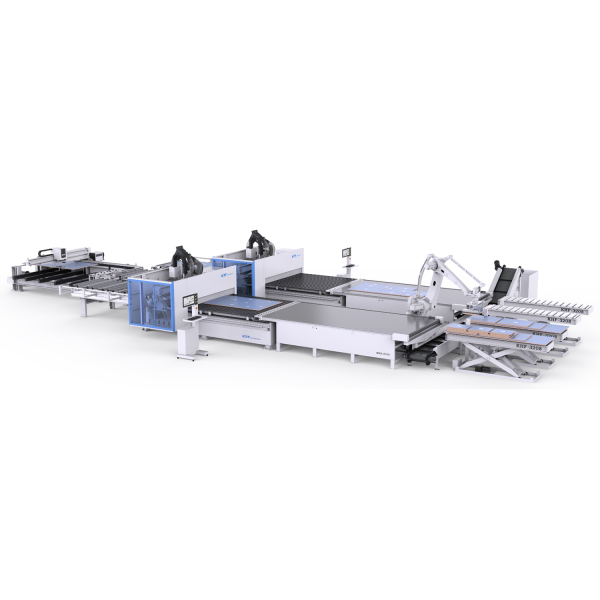 Automatic cutting line based on two KN-3710DP machines (table size 3100x2150, cutting, milling, addition, loading + unloading)