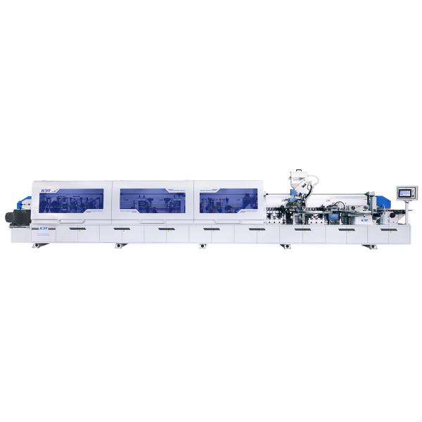 Edge banding machine KDT KE-668JGBA (50) with two glue pots, four-motor corner rounding unit and belt conveyor
