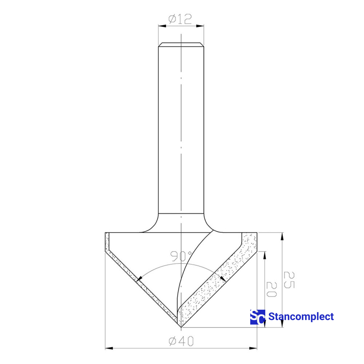 Diamond V-groove router bit D40 h27 d12 90°