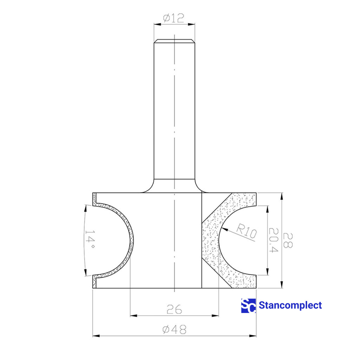 Diamond bull nose router bit D48 h28 L73 d12 R10 Z2