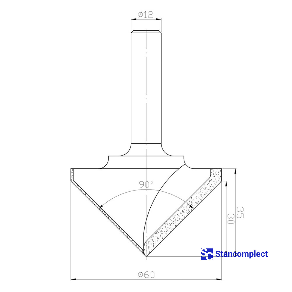 Алмазна V-подібна фреза D60 h35 L91 d12 90° Z2