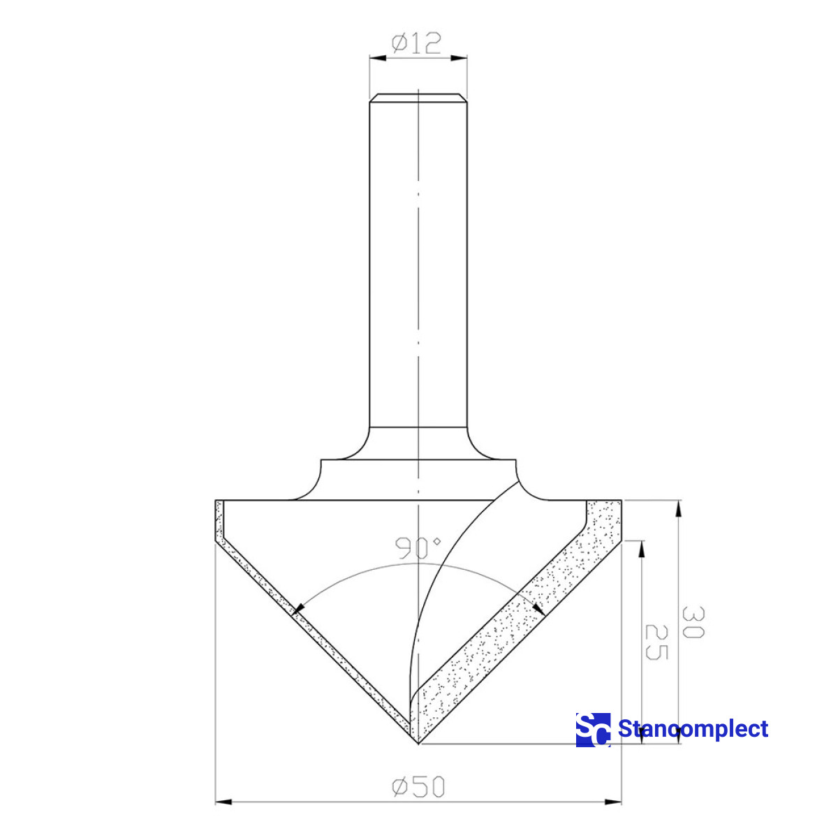 Diamond V-groove router bit D50 h30 L80 d12 90° Z2