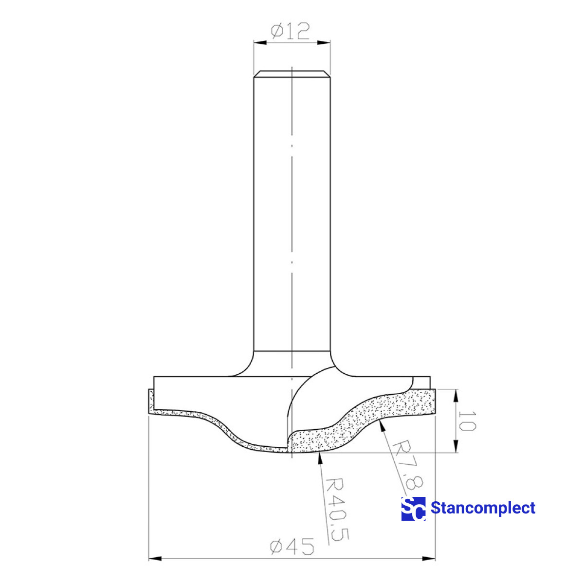 Diamond panel router bit D45 h10 L63 d12 R7.8 Z2
