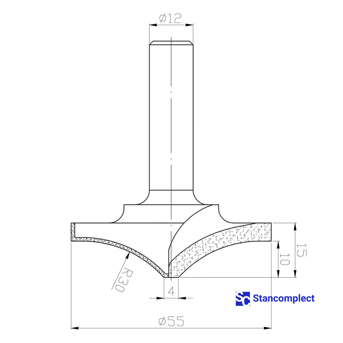 Diamond panel router bit D55 h15 L65 d12 R30 Z2