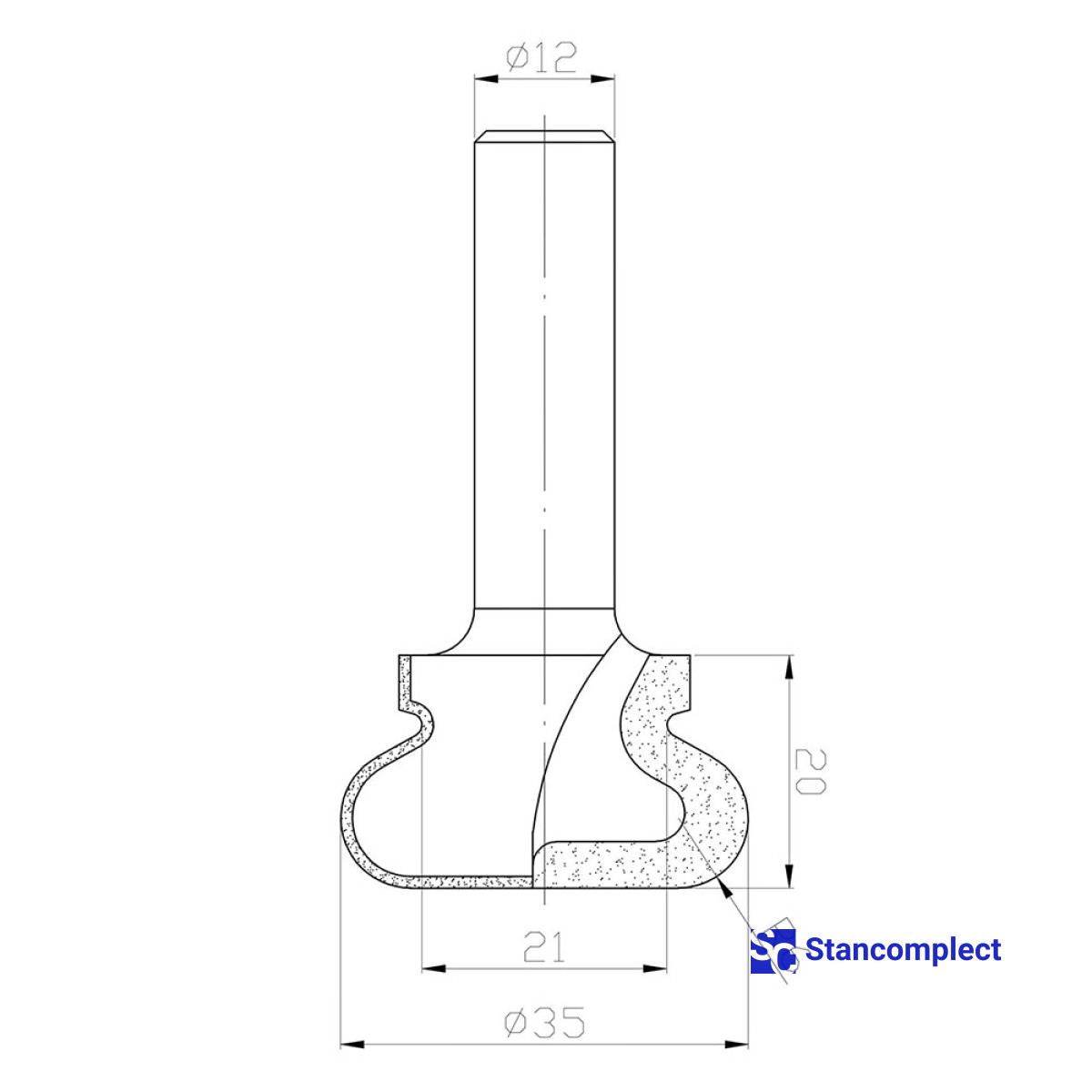 Diamantová fréza na rukojeti D35 h20 L63 d12 R6 Z2