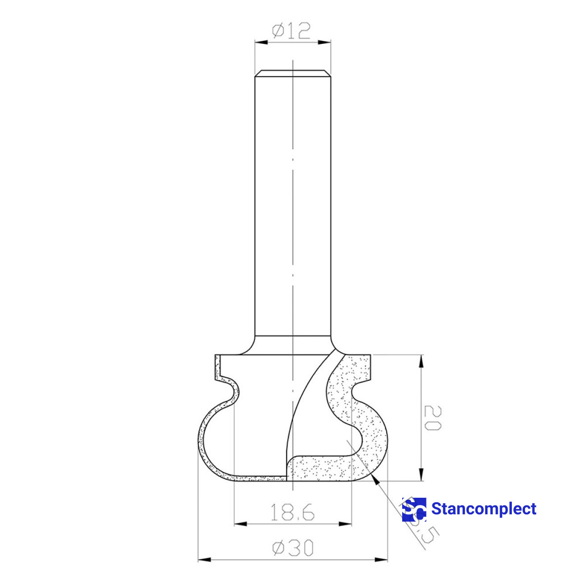 Diamantová fréza na rukojeti D30 h20 L63 d12 R6,5 Z2