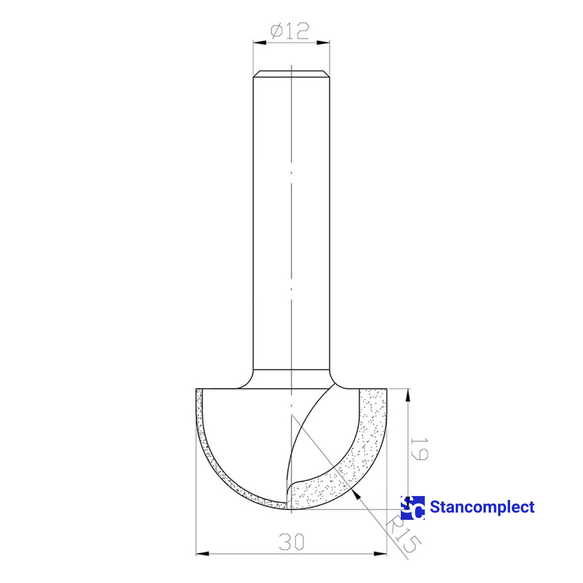 Diamond round nose router bit D30 h19 d12 L67 R15 Z2