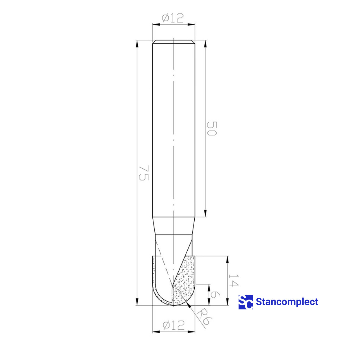Diamond round nose router bit D12 h14 d12 L75 R6 Z2