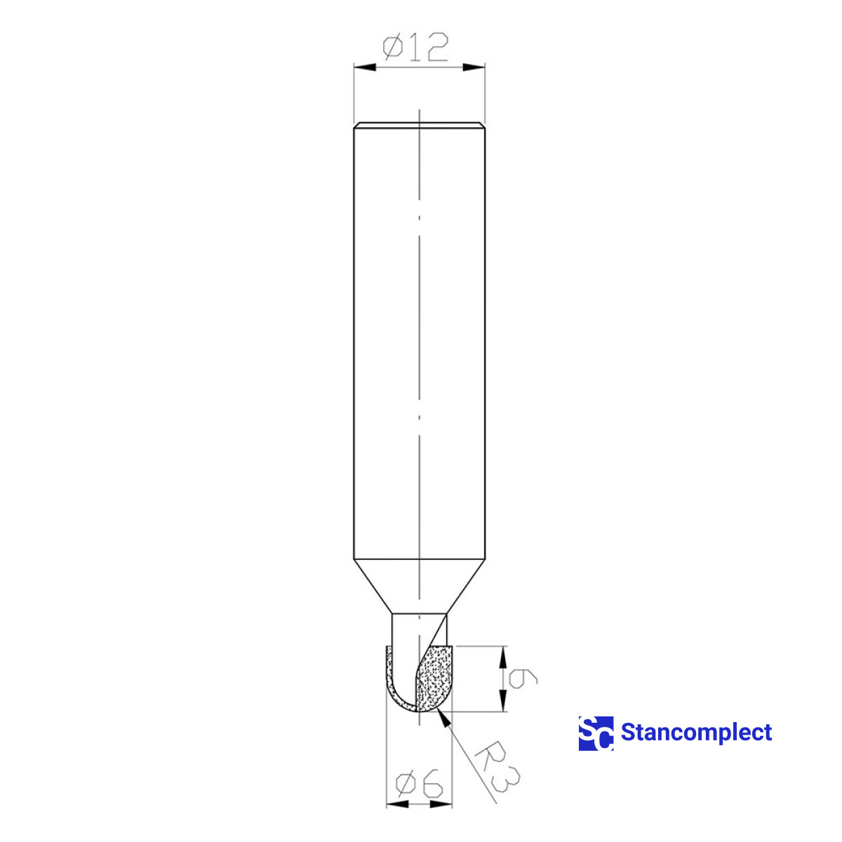 Diamond round nose router bit D6 h6 d12 L53 R3 Z2