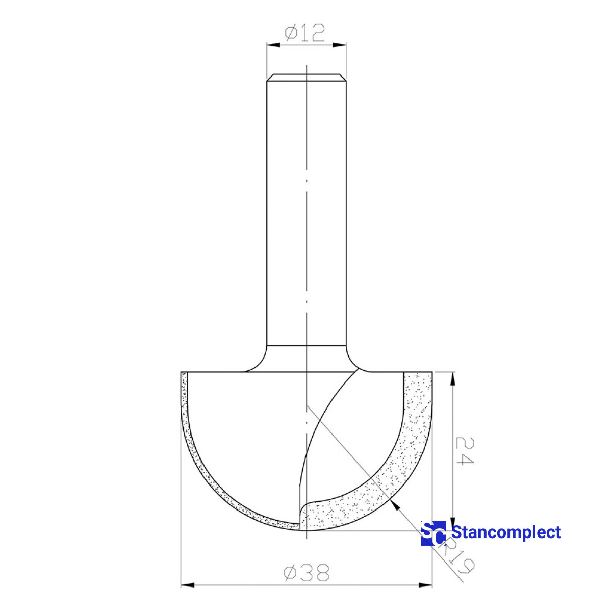 Diamond round nose router bit D38 h24 d12 L69 R19 Z2