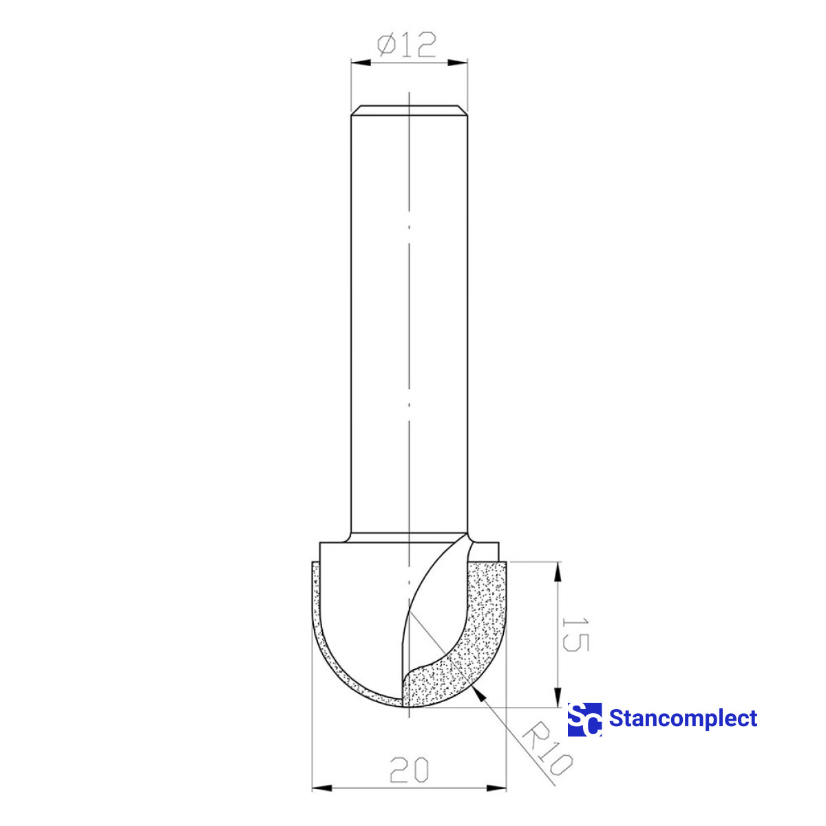 Diamond round nose router bit D20 h15 d12 L63 R10 Z2