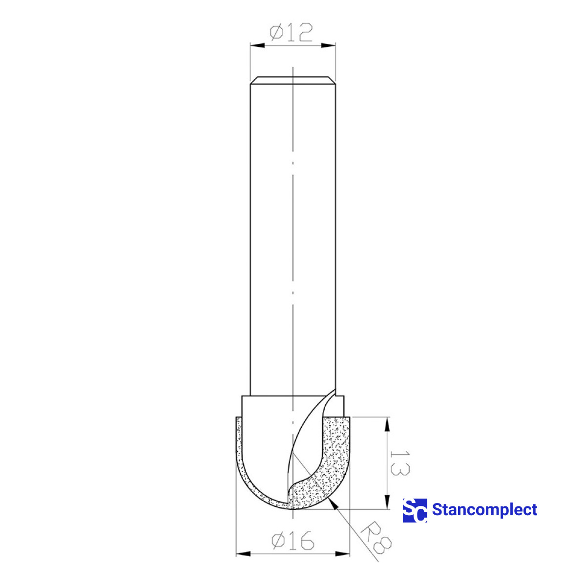 Diamond round nose router bit D16 h13 d12 L63 R8 Z2