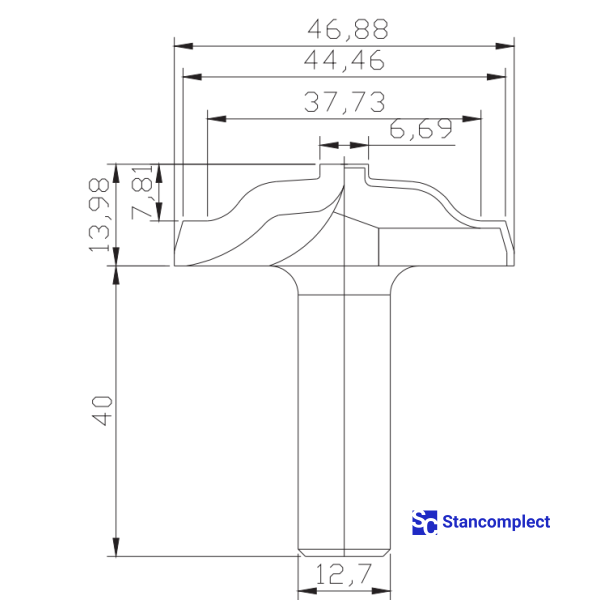 Diamond profile end mill D46.88 h13.98 d12.7(12)