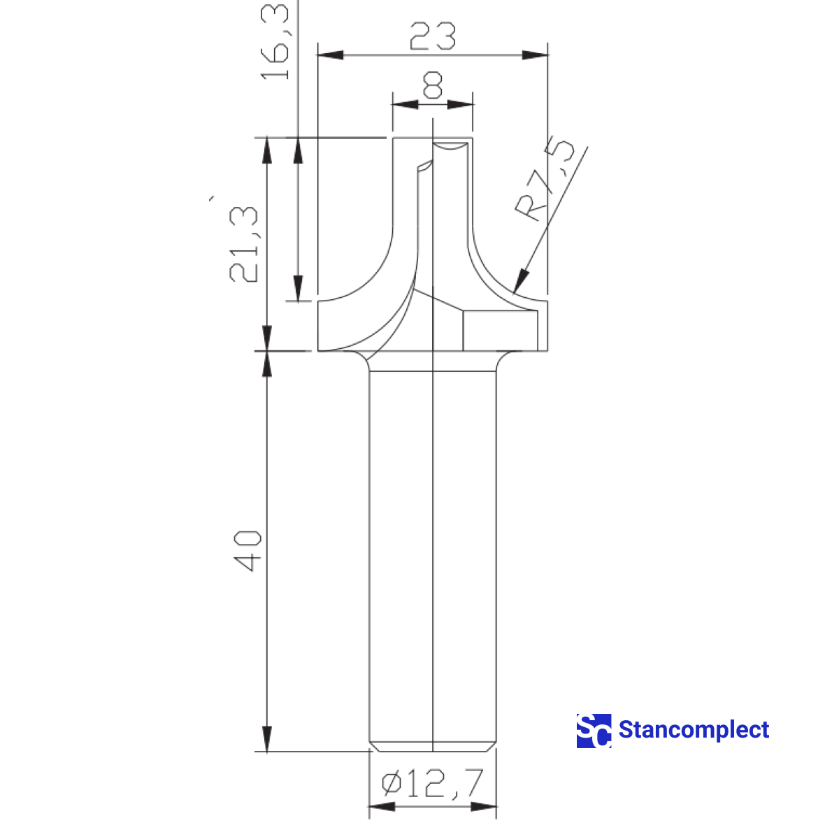 Diamond profile end mill D23 h21.3 d12.7(12)