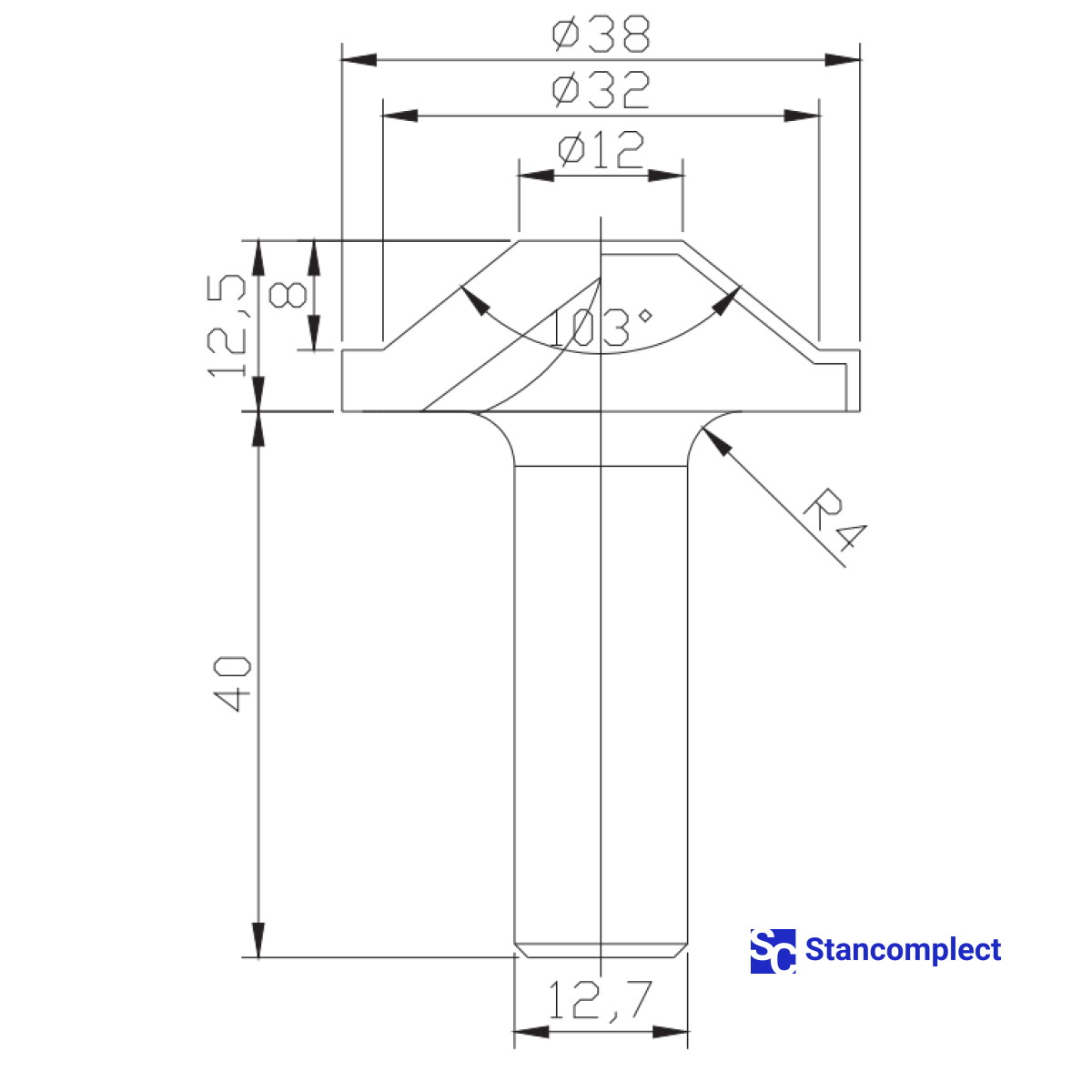 Diamond profile end mill D38 h12.5 d12.7(12)