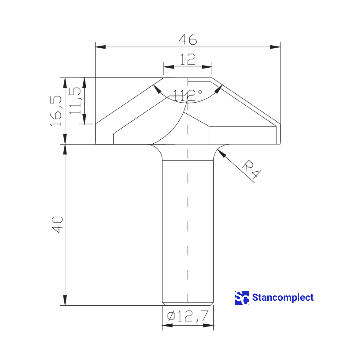 Diamond profile end mill D46 h16.5 d12.7(12)