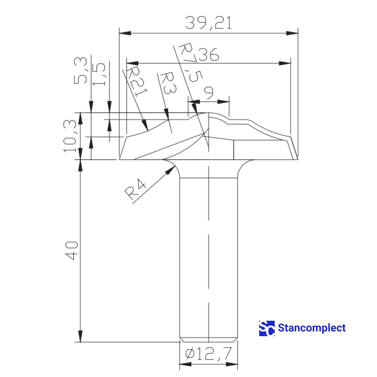 Diamond profile end mill D39.21 h10.3 d12.7(12)
