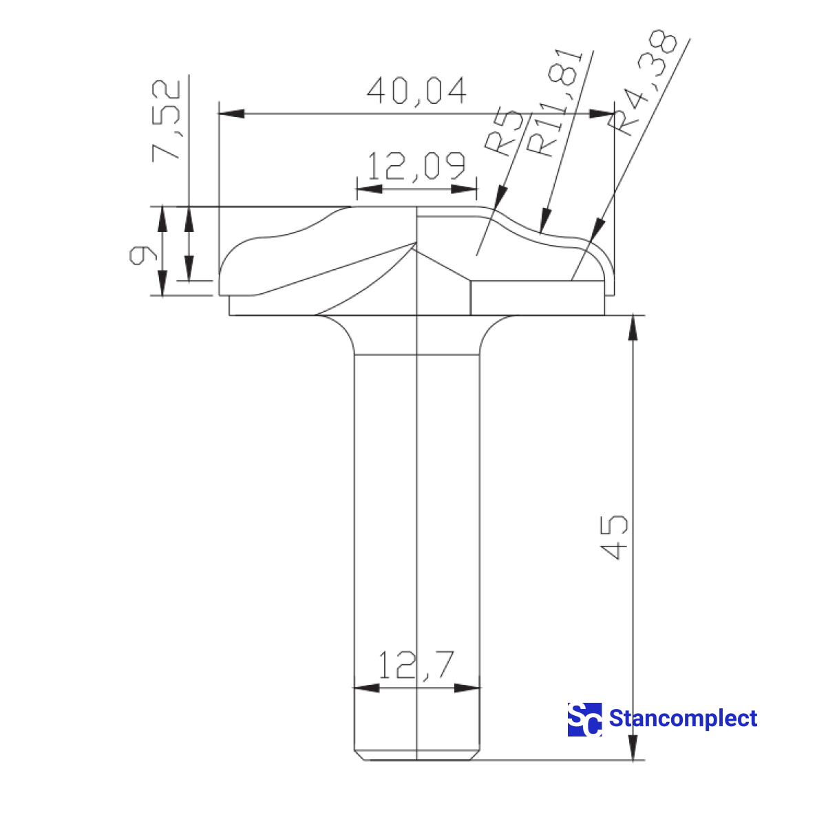 Diamond profile end mill D40.04 h9 d12.7(12)