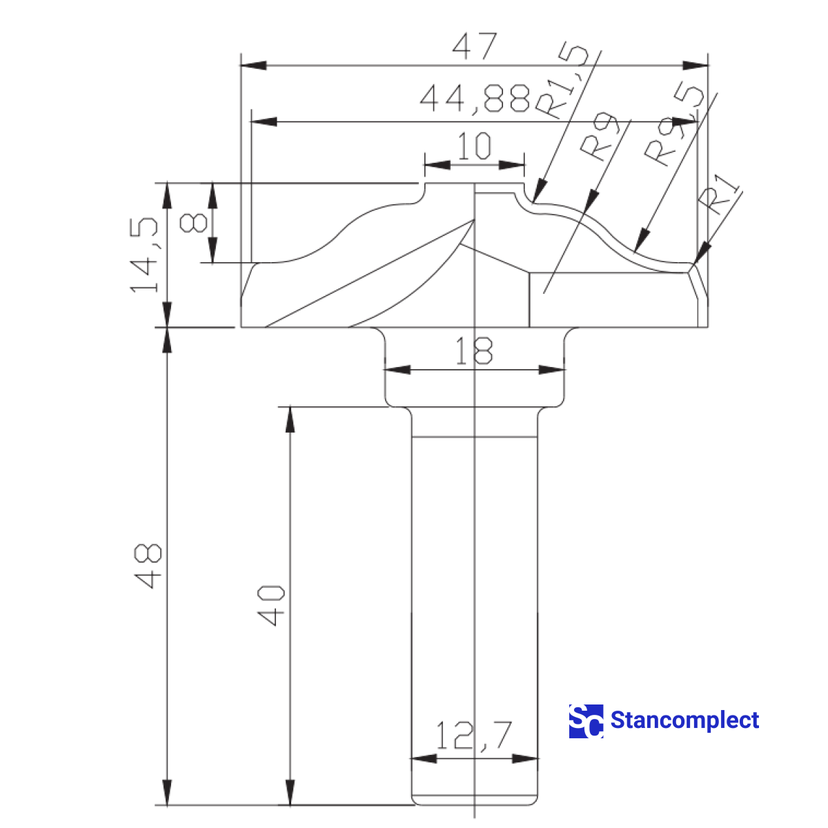 Diamond profile end mill D47 h14.5 d12.7(12)