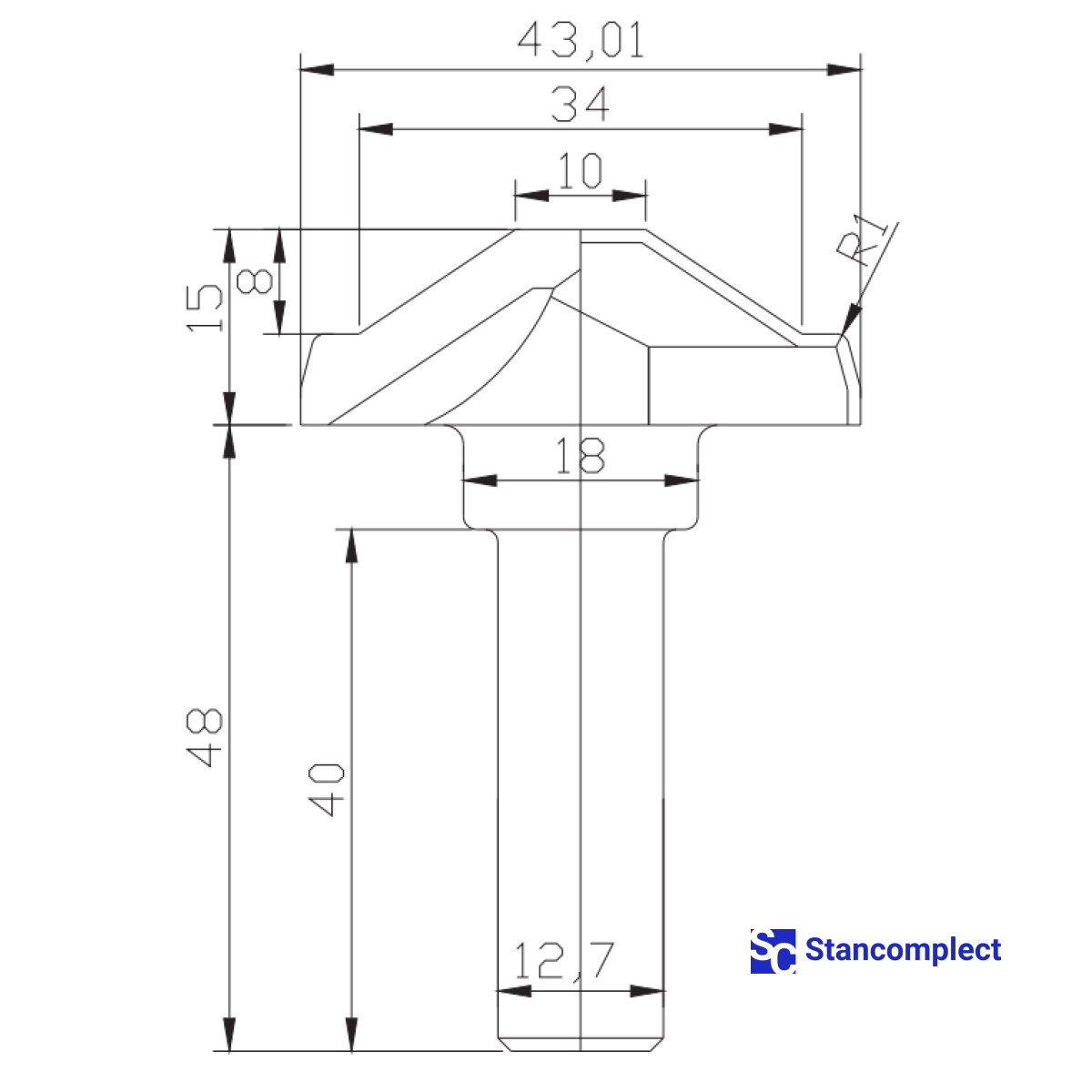 Diamond profile end mill D43 h15 d12.7(12)