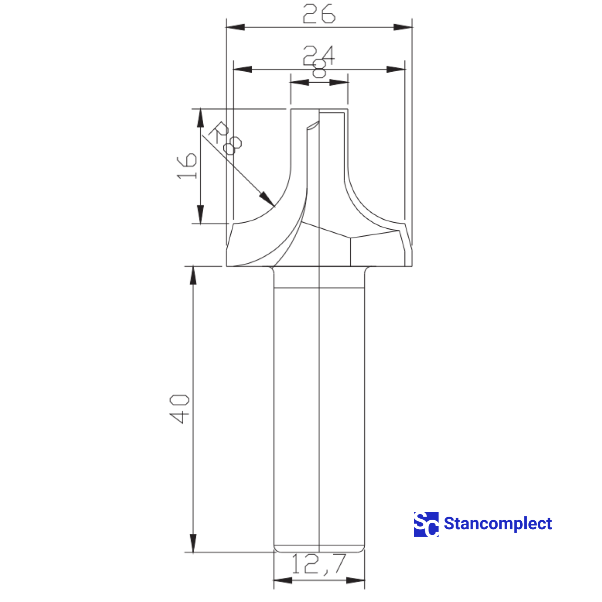 Diamond profile end mill D26 h20 d12.7(12)