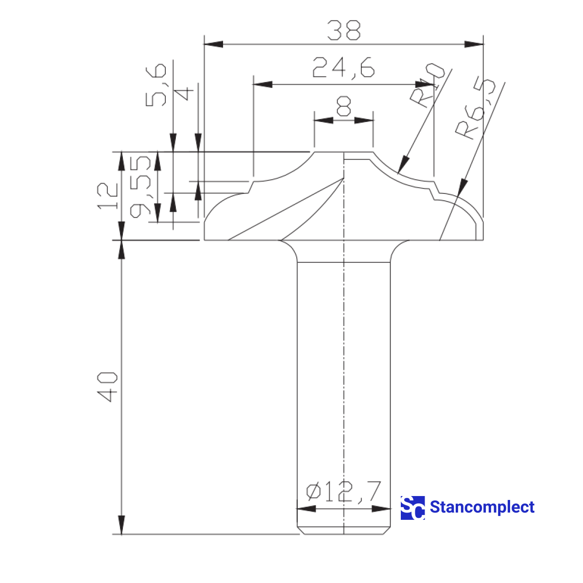Diamond profile end mill D38 h12 d12.7(12)