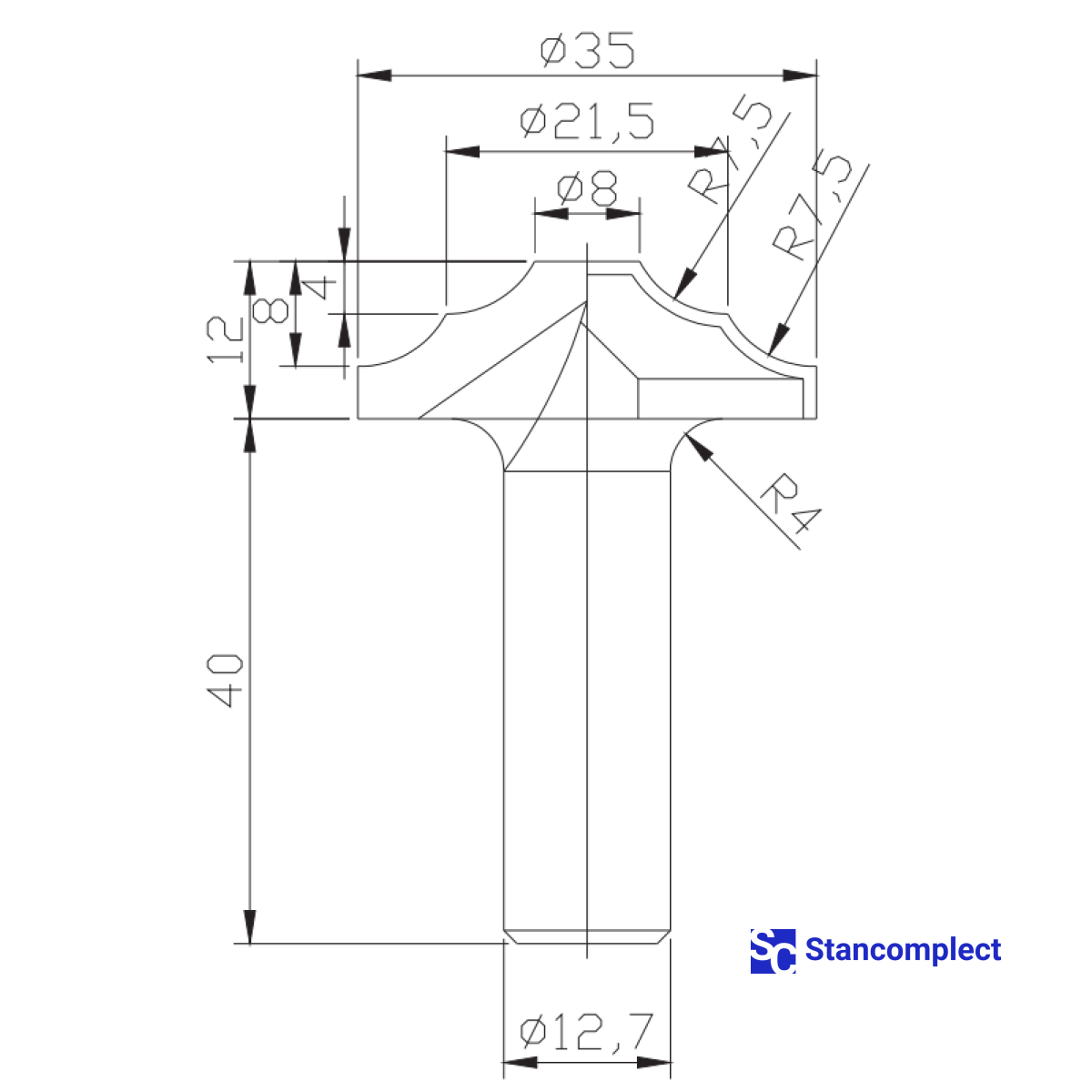 Diamond profile end mill D35 h12 d12.7(12)