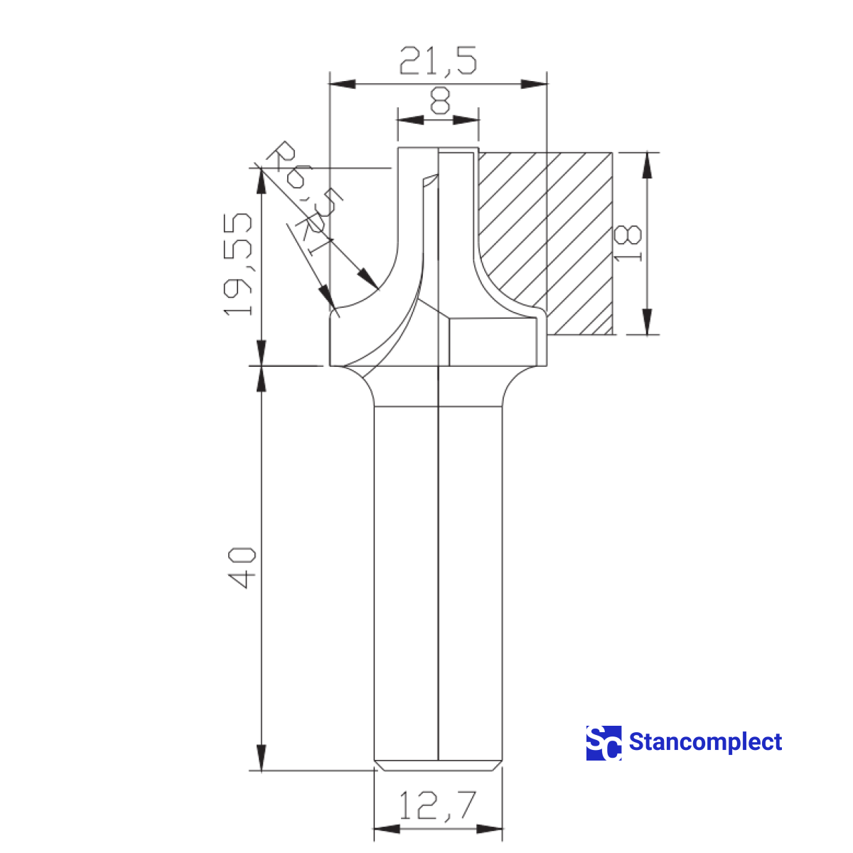Diamond profile end mill D21.5 h21.5 d12.7(12)