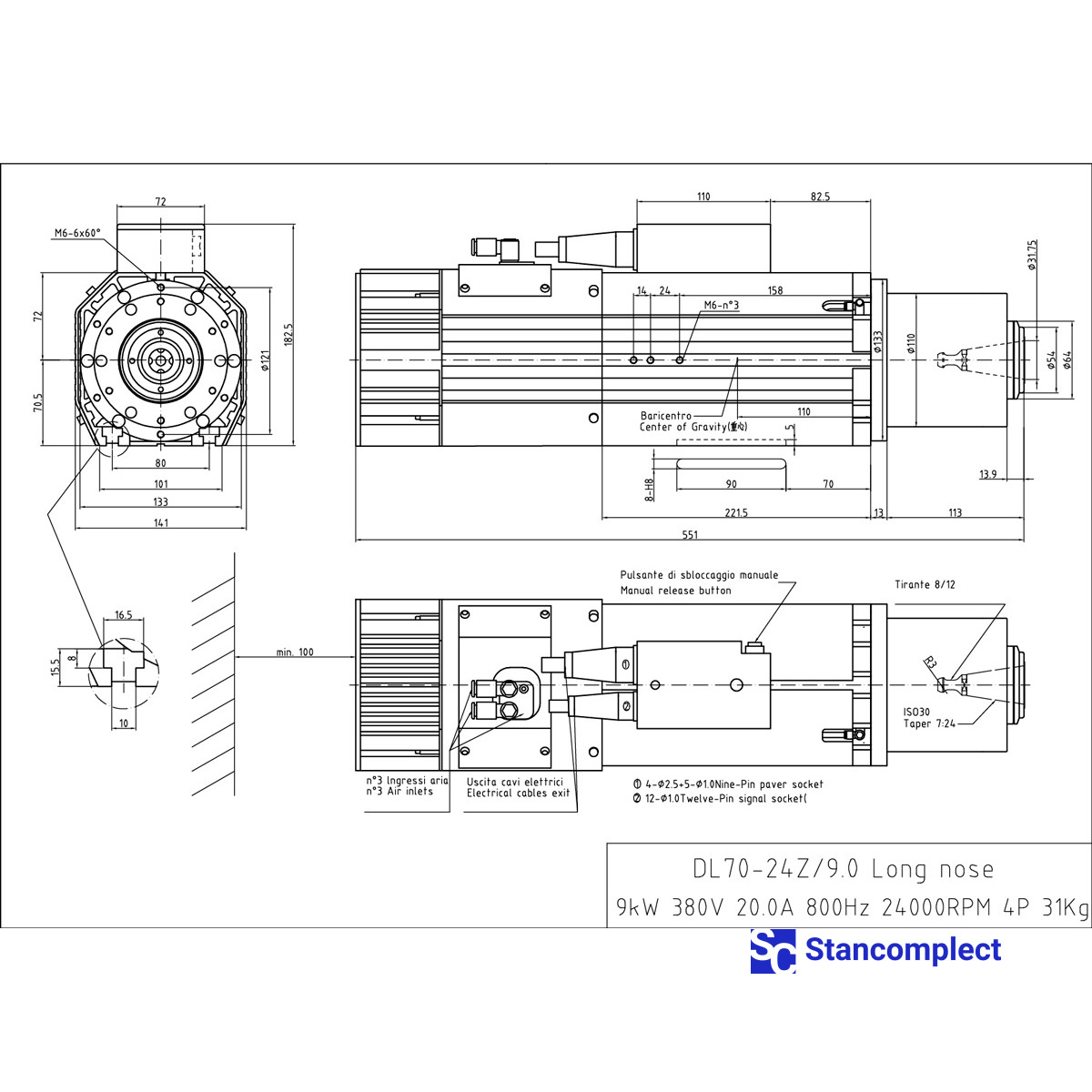Electrospindle 9 kW 24000 rpm for tool change