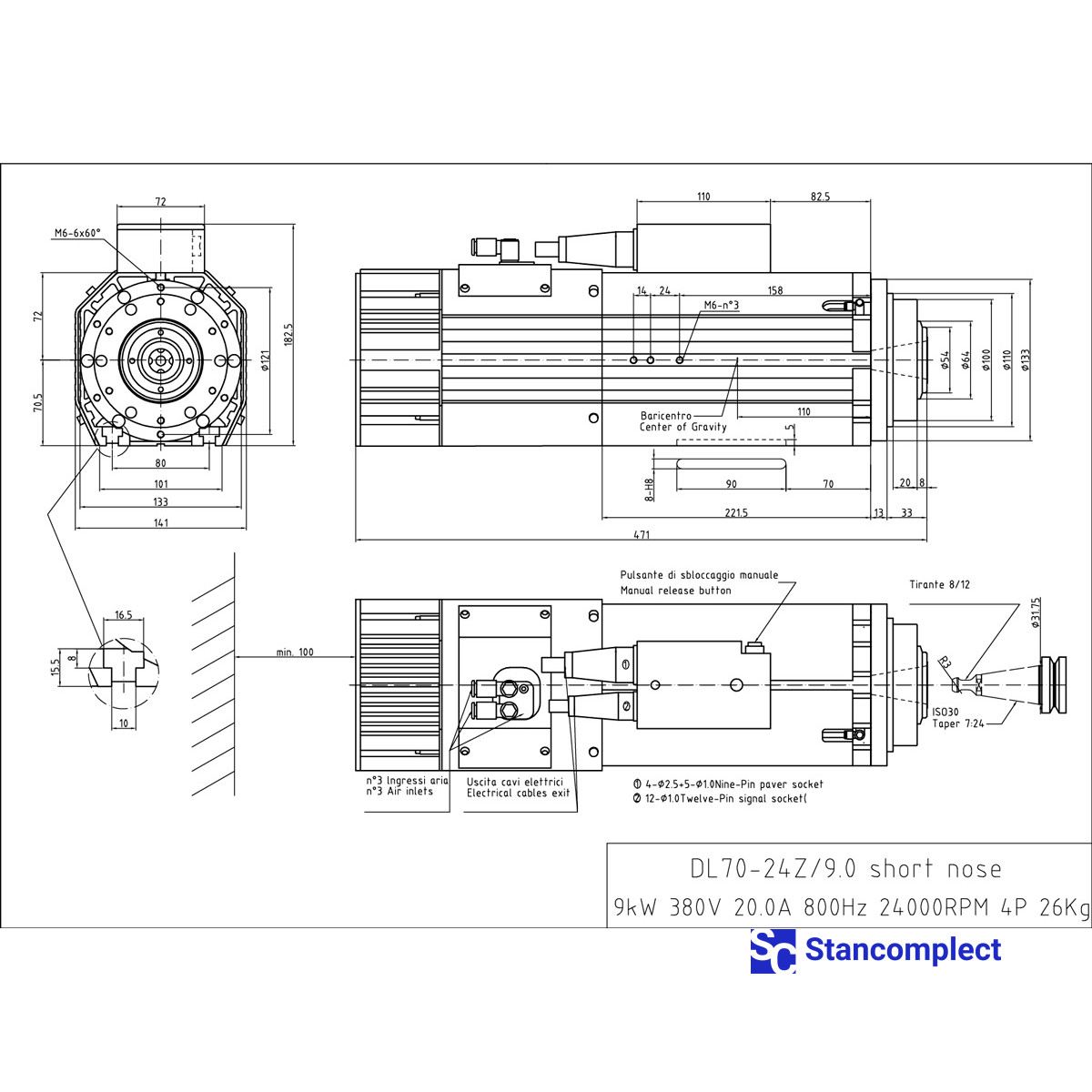 Electrospindle 9 kW 24000 rpm for tool change (shortened)