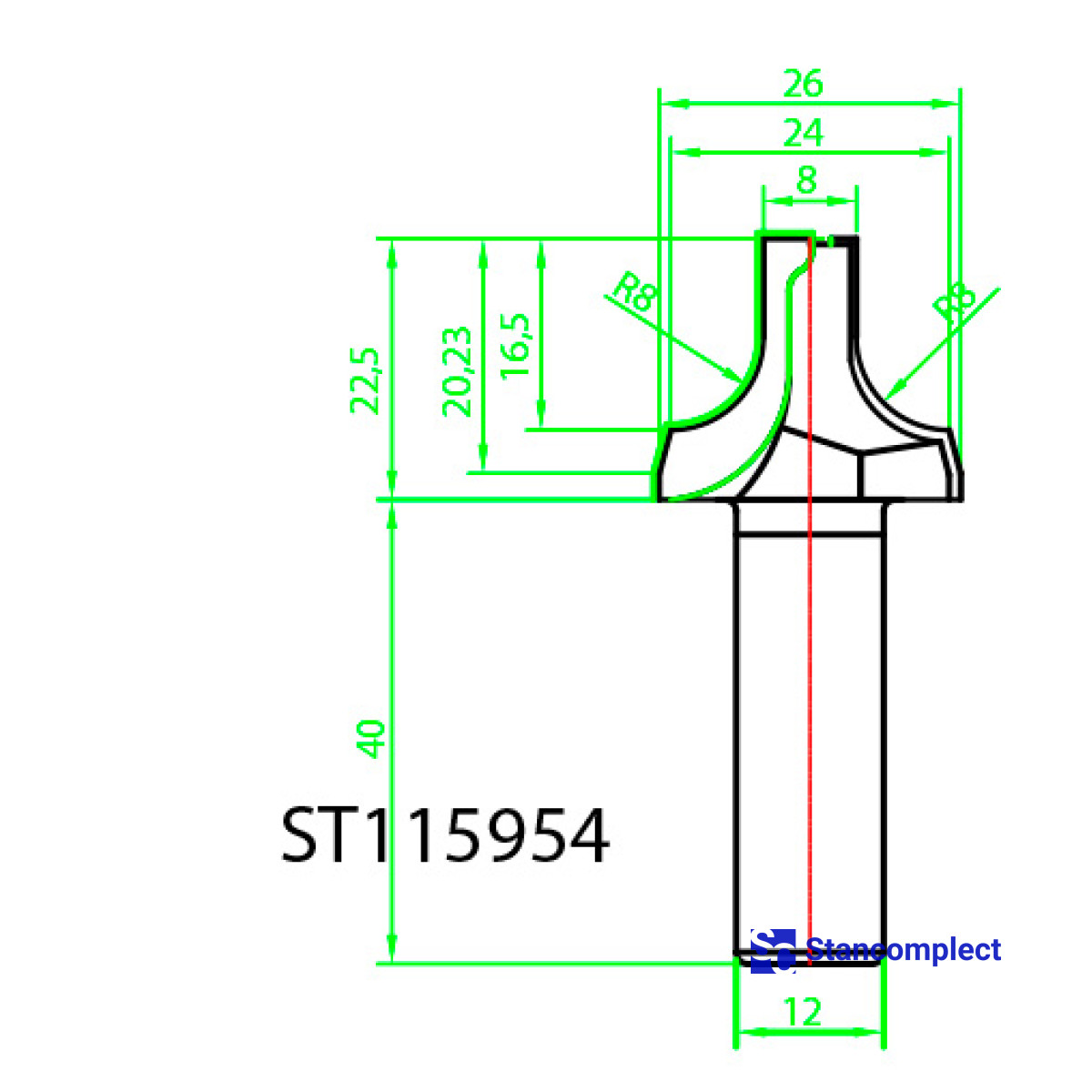 Алмазна фігурна фреза D8 h22.5 d12 R8