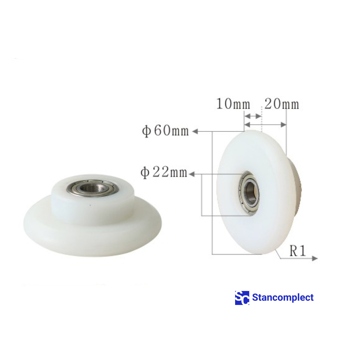 Ролик пластиковый окутывающего станка U-530 60x22x10х20xR1 со штифтом
