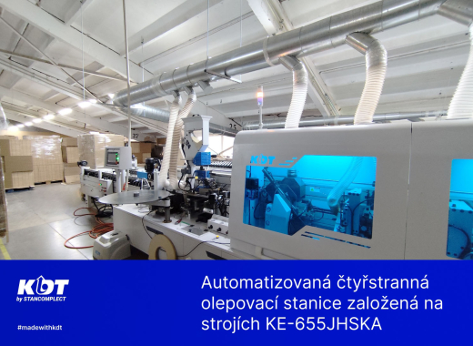 Automatizovaná čtyřstranná olepovací stanice založená na strojích KE-655JHSKA