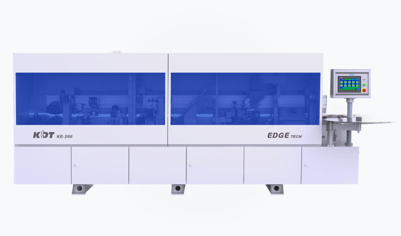 Edge banding machine KDT KE-268JSA with corner rounding unit, top glue bath and pneumatic reconfiguration of units